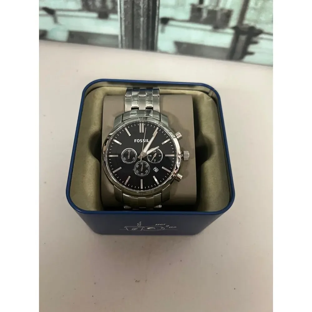 Fossil Men's BQ1278IE Silver Stainless Steel Chronograph Watch Black Dial New